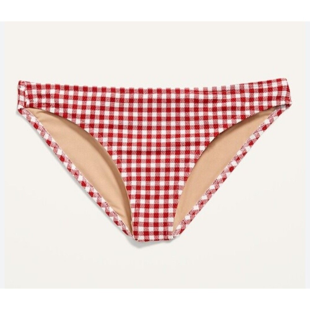 Old Navy Mid-Rise Textured Bikini Swim Bottoms Red Check Gingham SZ XL Stretch
